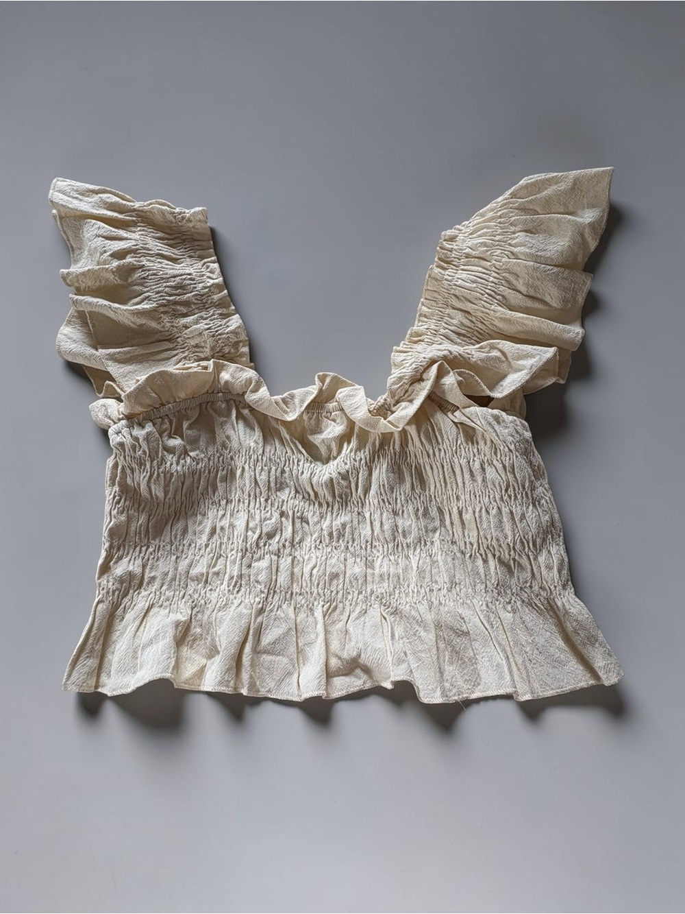 Smocked Ruffle Flutter-Sleeve Top in Beige - Square Neck, Peasant Bohemian - Picture 5 of 5